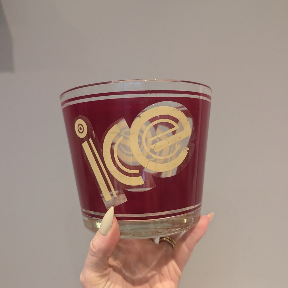 Vintage Maroon Glass Ice Bucket with Gold Deco Accent